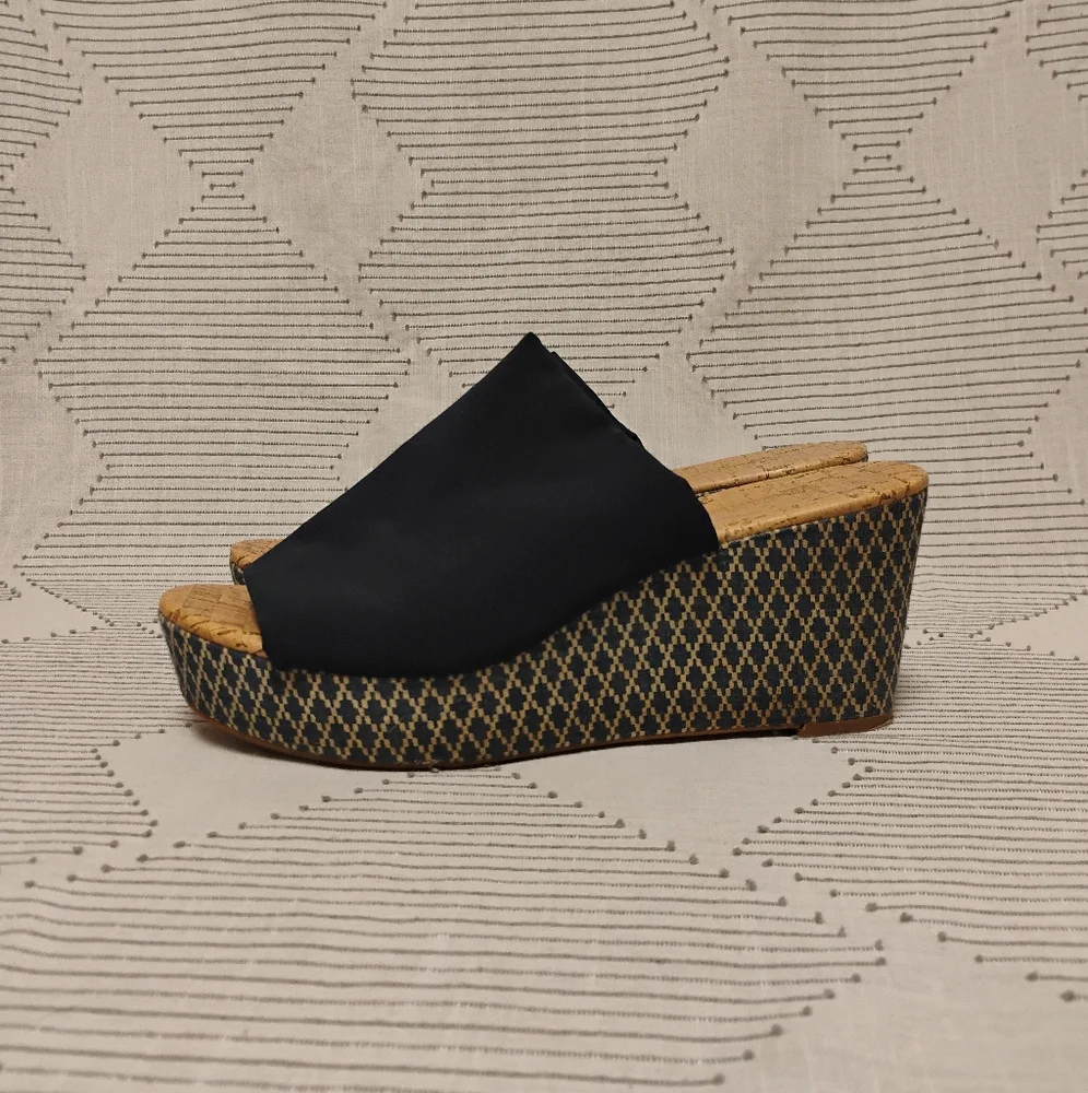 Madeline Blue Wedge Sandals with Patterned Heel Women's Size 9.5